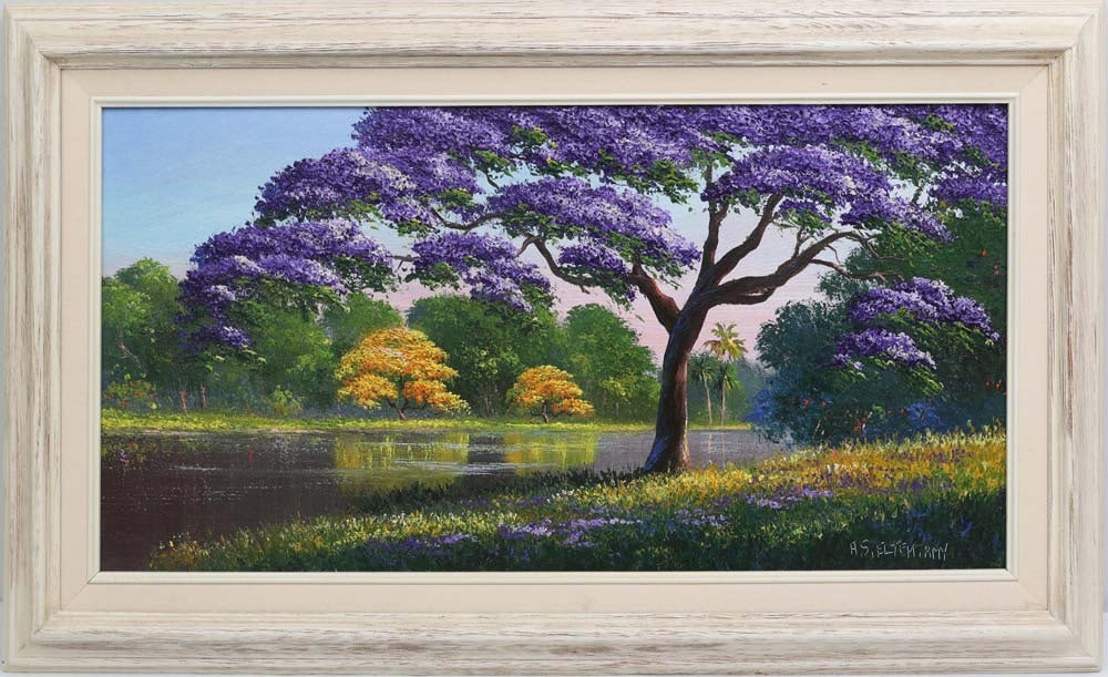 AHMED ELTEMTAMY FLORIDA ARTIST JACARANDA: Eltemtamy, Ahmed (B. 1960) - Florida Artist Painting. Oil on Masonite - signed lower right. Executed in palette knife. A spectacular purple jacaranda dominates the scene, its layered violet tones catc