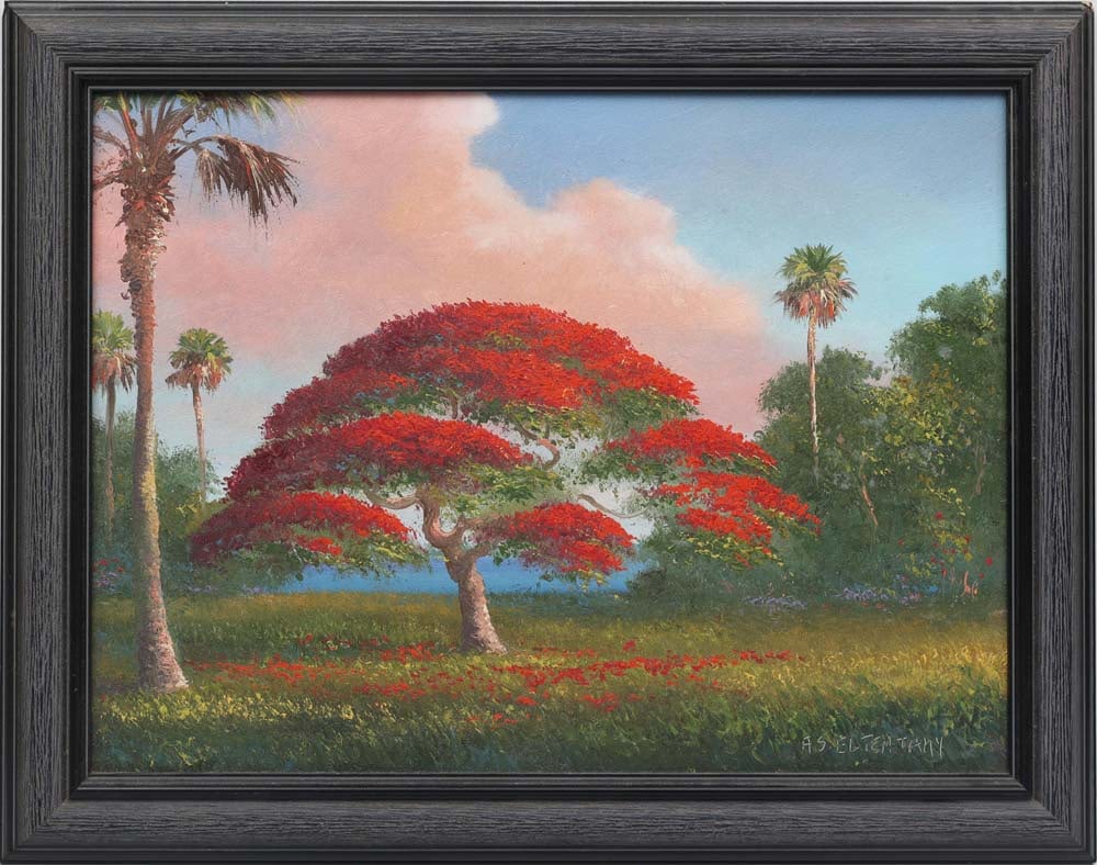 AHMED ELTEMTAMY FLORIDA ARTIST POINCIANA EMBER: Eltemtamy, Ahmed (B. 1960) - Florida Artist Painting. Oil on Masonite - signed lower right. Executed in brush and knife. Ahmed Eltemtamy’s Royal Poinciana scene affirms why many consider him the