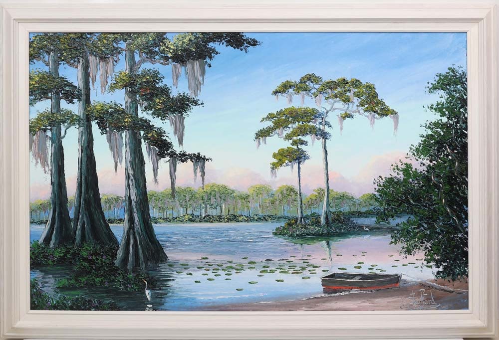 MARK STANFORD FLORIDA ARTIST CYPRESS OUTBACK: Stanford, Mark (B.1959) Florida Artist Painting. Oil on Canvas Board - signed lower right. Executed in full palette knife. Mark Stanford’s Cypress Outback reflects his contemporary refinement of