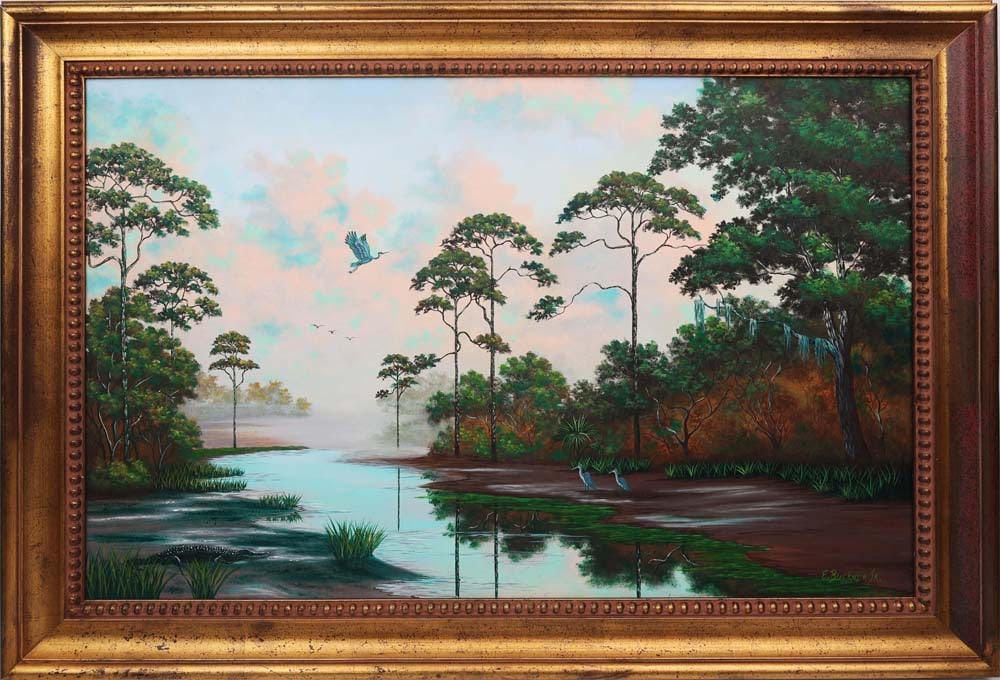 ELLIS BUCKNER JR FLORIDA ARTIST GATOR'S HABITAT: Buckner Jr., Ellis - Florida Artist Painting. Son of Highwaymen Artist Ellis Buckner. Oil on Canvas - signed lower right. Executed in brush. A heron lifts into a pink-and-turquoise sky, its motion ren