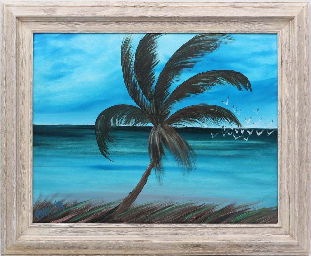 RODERICK HAIR FLORIDA ARTIST COASTAL SWAY: Hair, Roderick - Florida Artist Painting. Son of Florida Highwaymen Alfred Hair. Oil on Masonite - signed lower left. Executed in brush. Roderick Hair’s coastal study carries forward the lineage