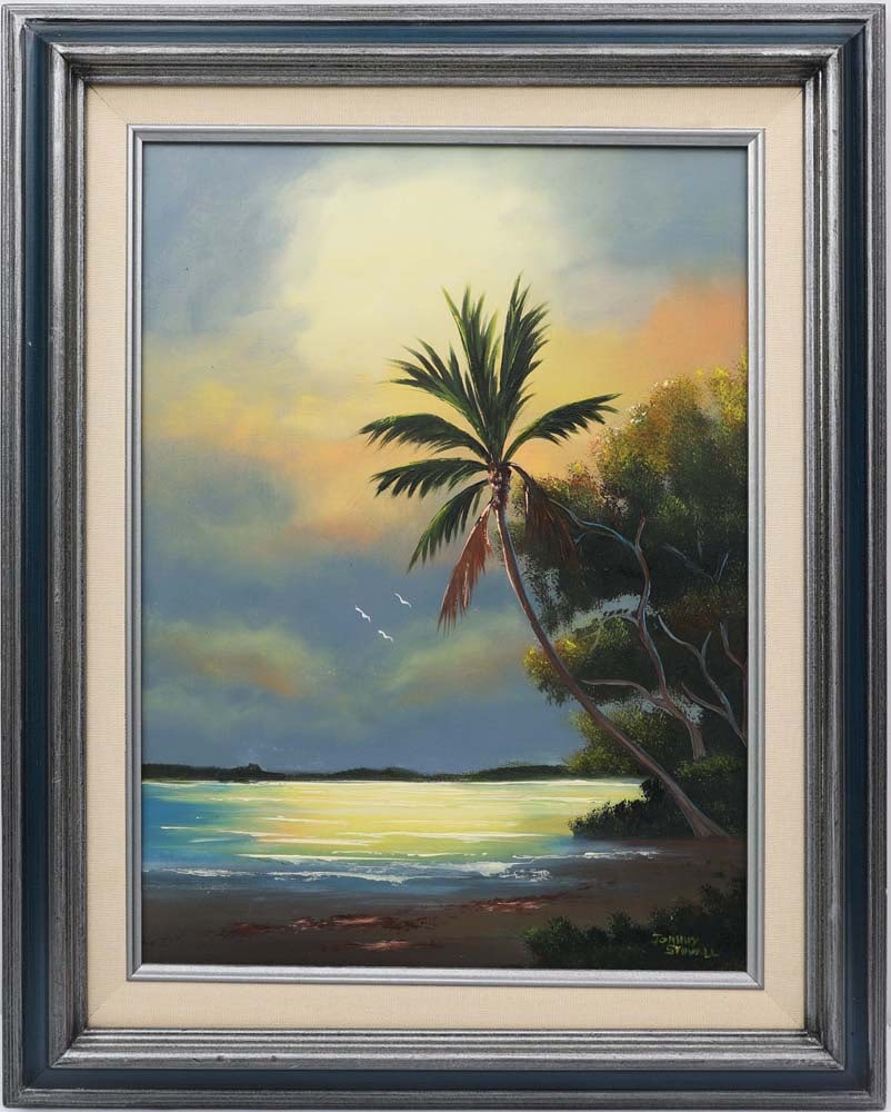 JOHNNY STOVALL FLORIDA ARTIST SUNRISE VERGE: Stovall, Johnny - Florida Artist Painting. Oil on Masonite - signed lower right. Executed in brush. Johnny Stovall’s sunrise river scene reflects the quiet poetics that define his place within t