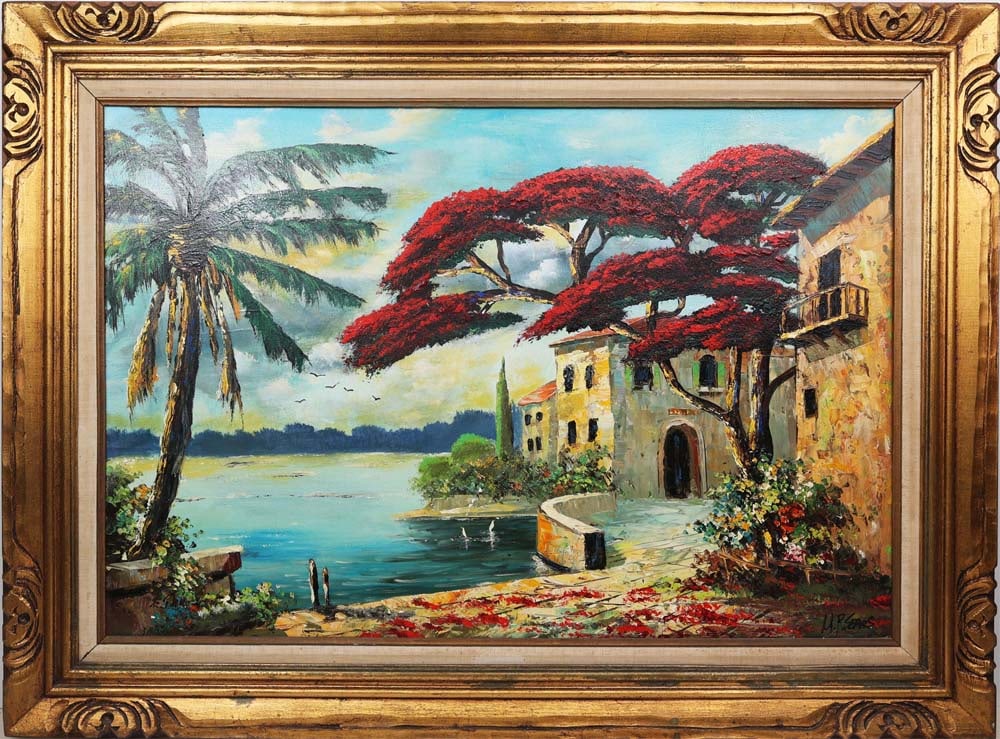 MICHAEL SEARS FLORIDA ARTIST VILLA BY THE SEA: Sears, Michael - Florida Artist Painting. A student of Florida Highwaymen George Buckner. Oil on Canvas - signed lower right. Executed with brush and palette knife. A Tuscan-styled villa lines the