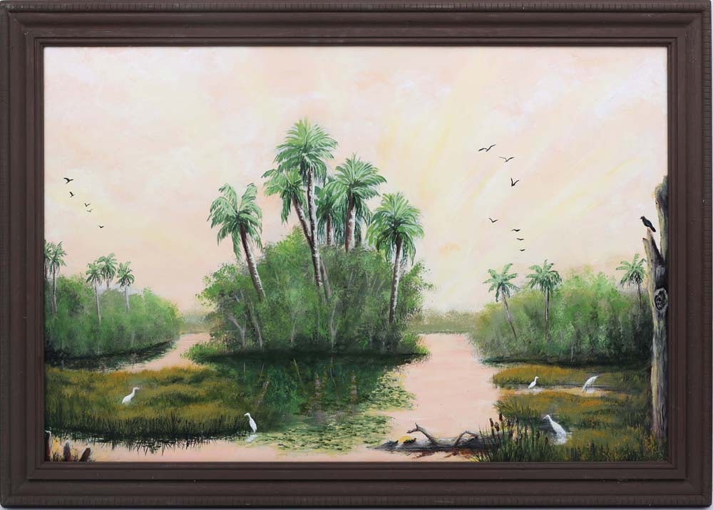 CAROL ANN KNAPP FLORIDA ARTIST MARSH DAWN: Knapp, Carol Ann - Florida Artist Painting. Acrylic on MDF - signed lower right "Ca" and on verso. Titled "Marsh Dawn". Carroll Ann Knapp’s river study reflects her quiet, lyrical approach to