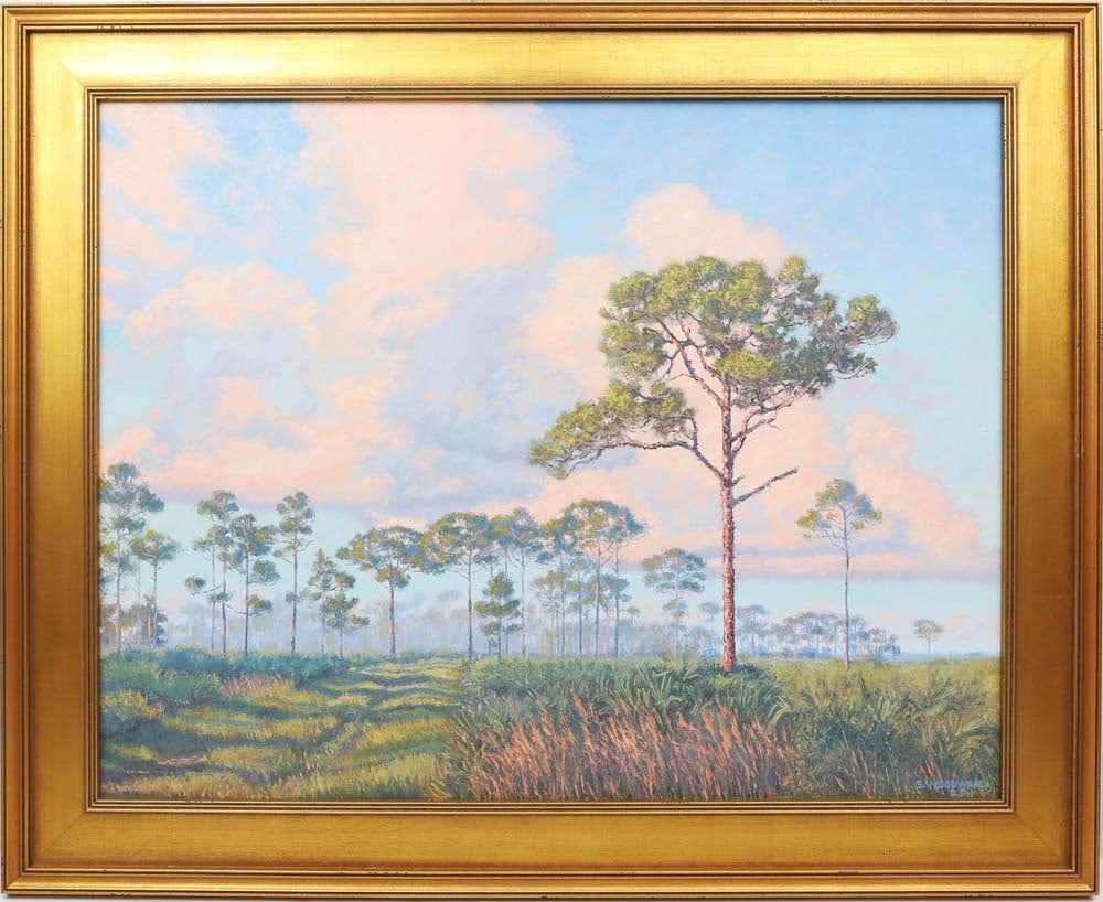 SCOTT WOODWARD FLORIDA ARTIST BACK COUNTRY: Woodward, Scott - Florida Artist Painting. Oil on Canvas - signed lower right. Executed in full palette knife. Scott Woodward captures a serene Florida landscape of towering loblolly pines rising thro