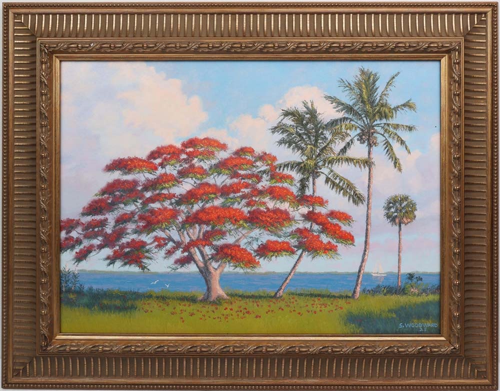 SCOTT WOODWARD FLORIDA ARTIST POINCIANA: Woodward, Scott - Florida Artist Painting. Oil on canvas - signed lower right. Executed with palette knife. A serene sailing day unfolds on tranquil waters, where the vibrant Poinciana bursts into