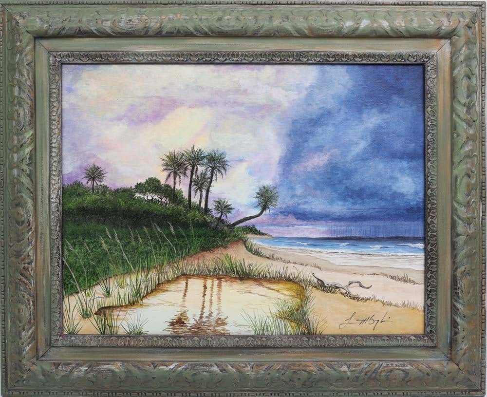 LAWRENCE DONGHIA FLORIDA ARTIST STORM AT SEA: Donghia, Lawrence (B.1948) American Artist painting. Acrylic on Canvas - signed lower right. A dark storm rolls over the sea. Canvas measures 15x20 framed to overall size of 21x26. Condition: Very