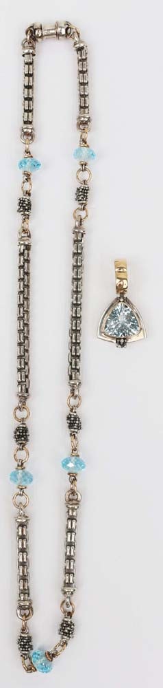MICHAEL DAWKINS STERLING BLUE TOPAZ NECKLACE & PDT: Sterling Silver Michael Dawkins Two Tone Blue Topaz Station Necklace and Pendant. Properly marked 925 and Stamped "Michael Dawkins". Gemstones: Blue topaz trillion cut 12x12mmand faceted orb beads8mm