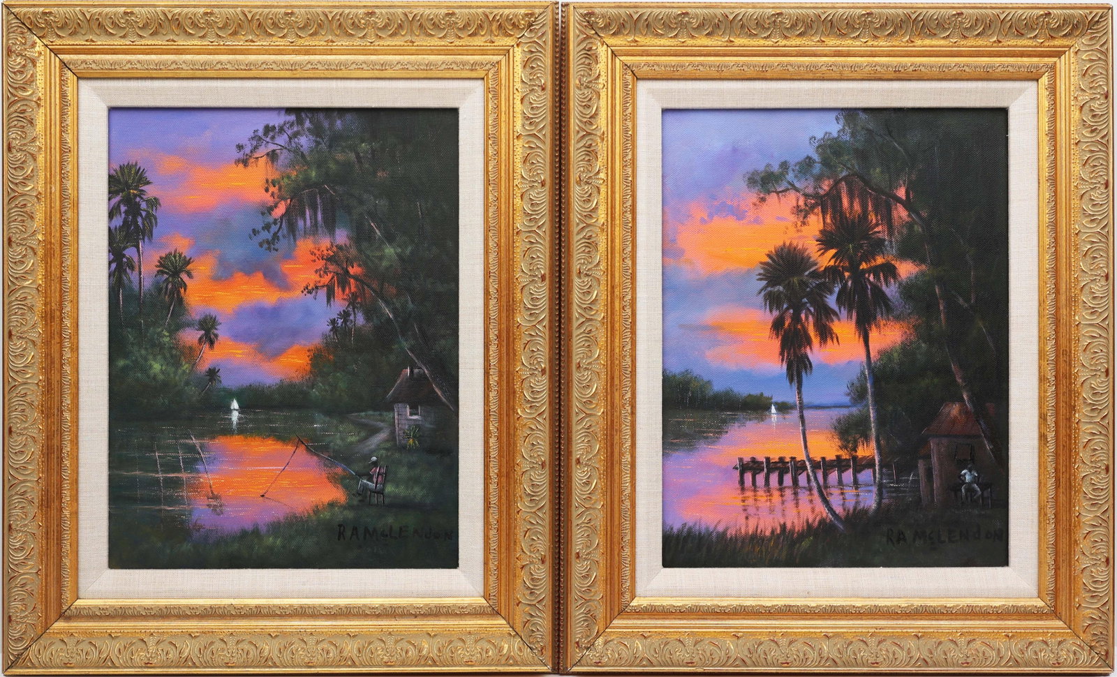 R.A. MCLENDON FLORIDA HIGHWAYMEN FIRE SKY PAIR: McLendon, R.A. “Roy” (1932-2024) Florida Highwaymen Painting. Oil on Canvas - signed lower right. Executed in brushwork. This pair of R. A. McLendon paintings captures thequiet character o
