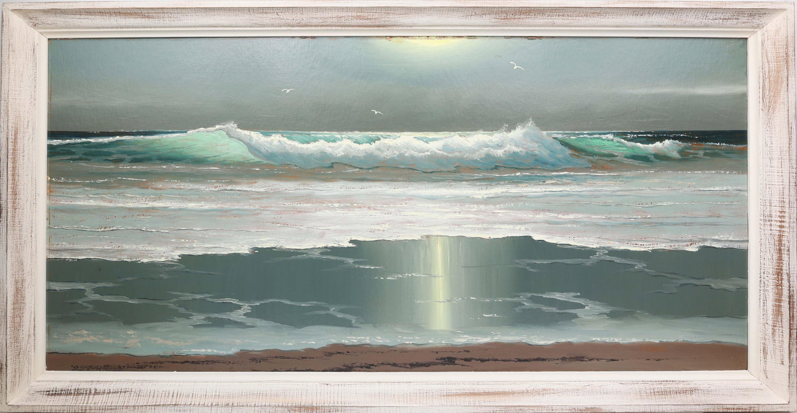 SAM NEWTON FLORIDA HIGHWAYMEN SEASCAPE: Newton, Samuel (B.1948) Florida Highwaymen Painting. Oil on Upson - signed lower right. Executed in palette knife on a field of brushwork. Sam Newton captures the quietbeauty of the coast in this sofa