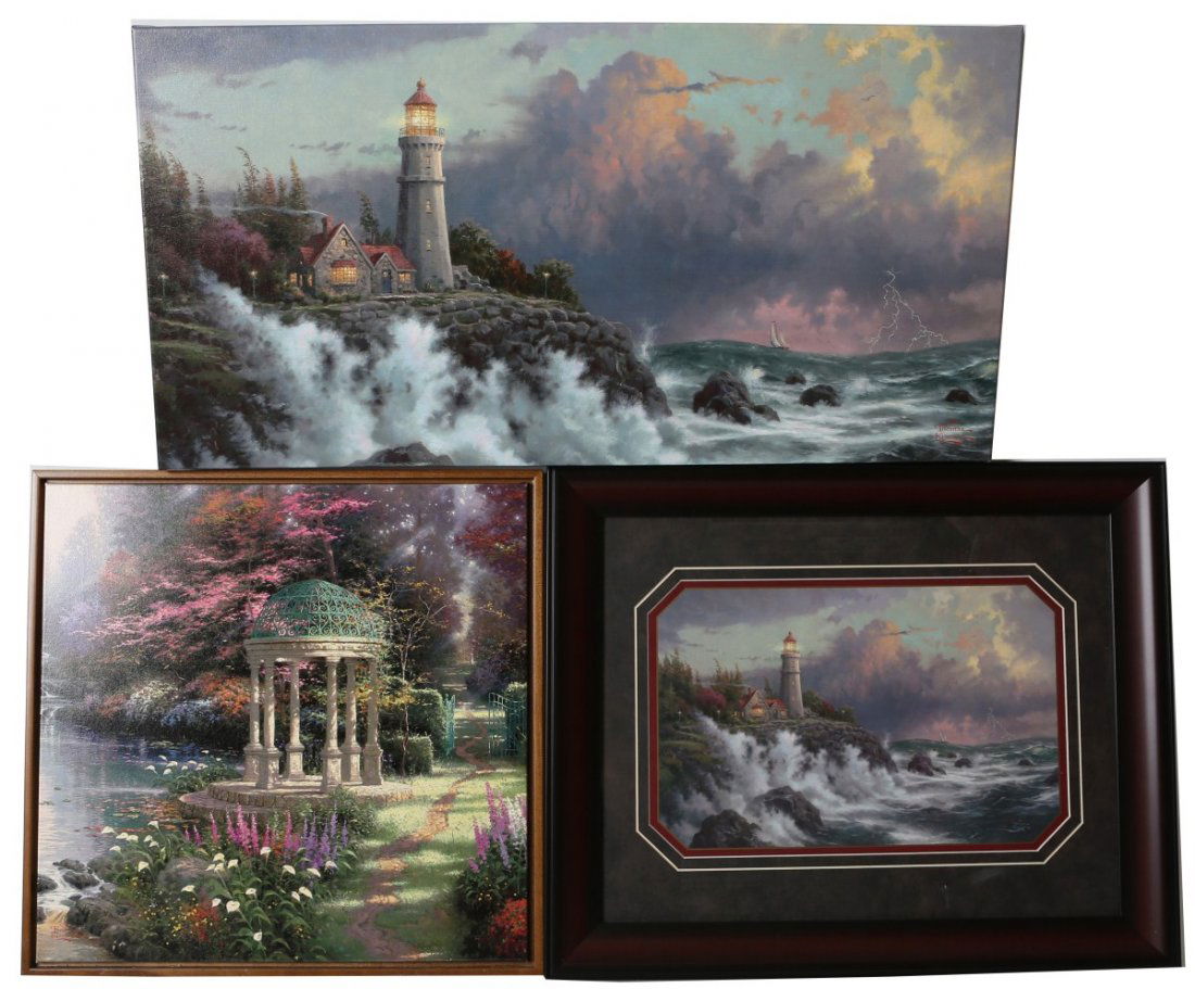 THOMAS KINKADE ACCENT PRINTS LIGHTHOUSE & GARDEN: THOMAS KINKADE ACCENT PRINTS LIGHTHOUSE & GARDEN Thomas Kinkade, "Painter of Light." (American, 1958 - 2012). "Lighthouse by the Sea," accent print, giclee on canvas,COA affixed to back of canvas, not