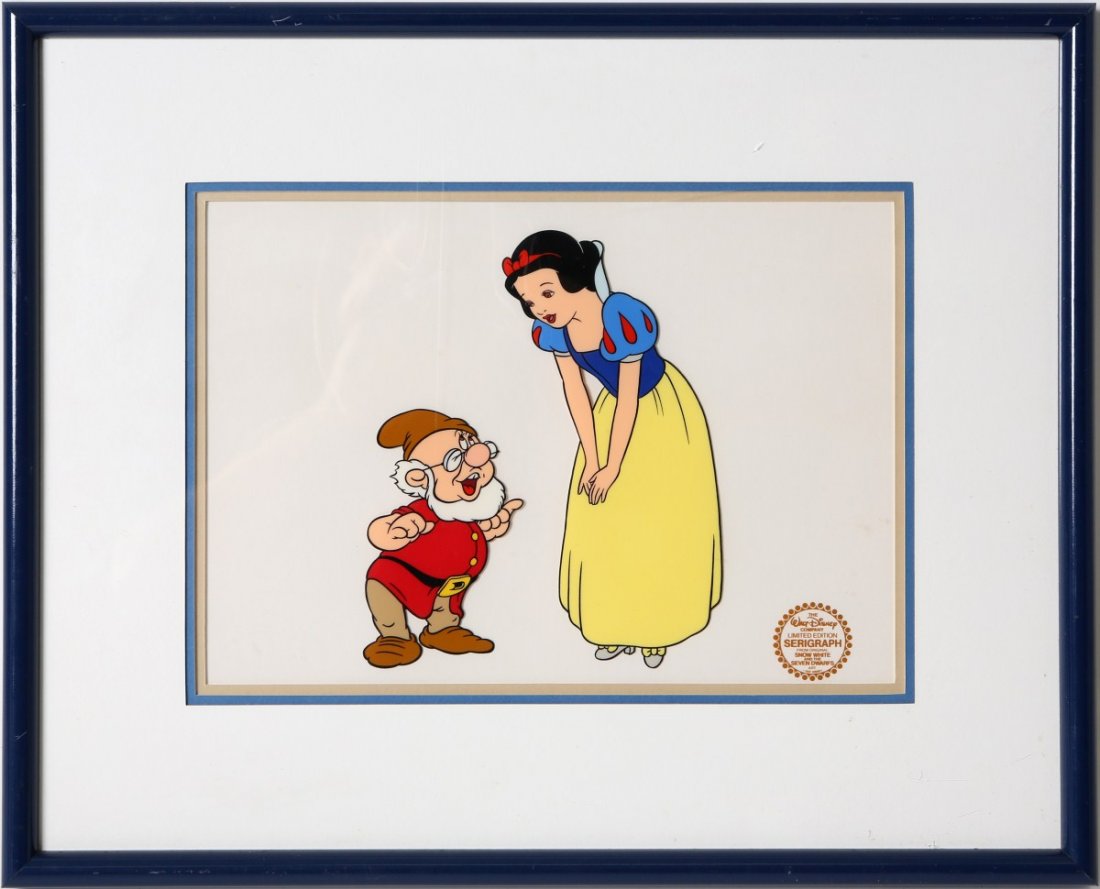 LIMITED EDITION SNOW WHITE & DOC SERIGRAPH CEL: LIMITED EDITION SNOW WHITE & DOC SERIGRAPH CEL Limited edition serigraph cel from the Walt Disney original Snow White, titled "Snow White and Doc"; created with 17 sheets of individually colored mylar