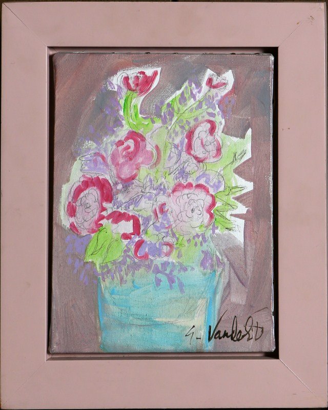GLORIA VANDERBILT FLOWERS FOR RAPHAEL ORIGINAL OIL: GLORIA VANDERBILT FLOWERS FOR RAPHAEL ORIGINAL OIL Gloria Vanderbilt (American, b.1924) original oil on canvas, "Flowers for Raphael", framed in pink frame, signed Gloria Vanderbilt bottom right. Size