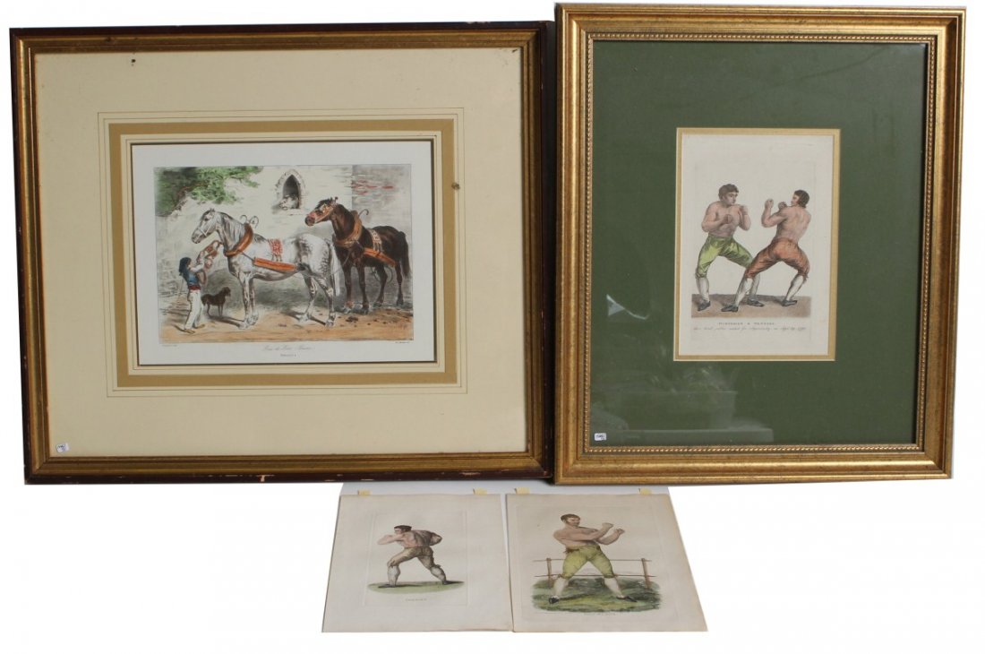 (4) HAND TINTED ENGRAVINGS: (4) HAND TINTED ENGRAVINGS Four hand tinted engravings. Perrins, boxer; Ben Burns, boxer, engraved by Perry Roberts from drawing by Reed; framed engraving "Humphries and Mendoza, their third public co