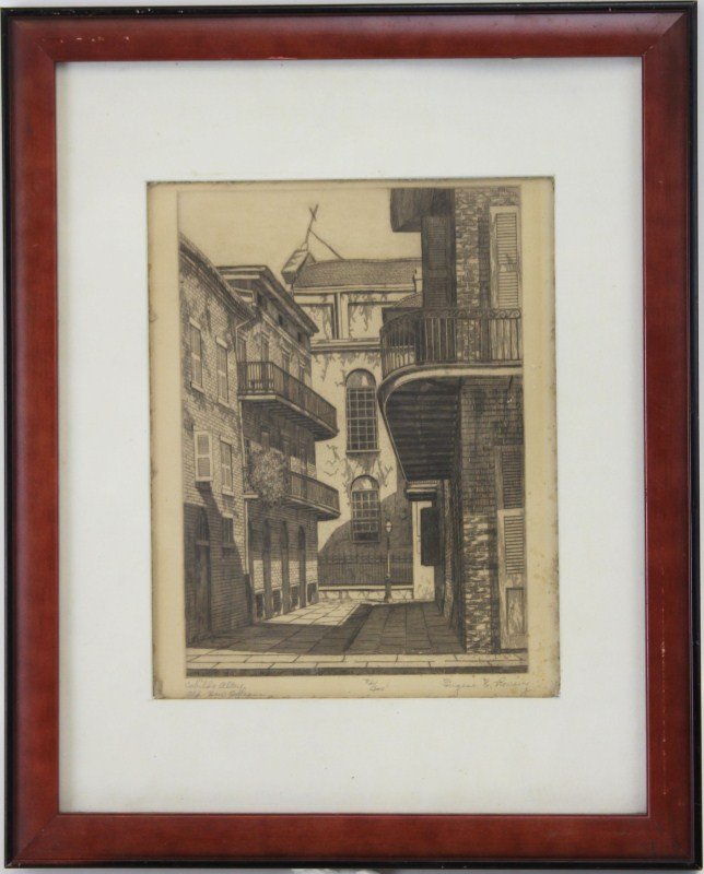 EUGENE E LOVING CABILDO ALLEY NEW ORLEANS ETCHING: EUGENE E LOVING CABILDO ALLEY NEW ORLEANS ETCHING Eugene E Loving (American, 1908-1971) framed etching, Cabildo Alley Old New Orleans, ed/200. Matted and framed under glass in wooden frame(13x16").