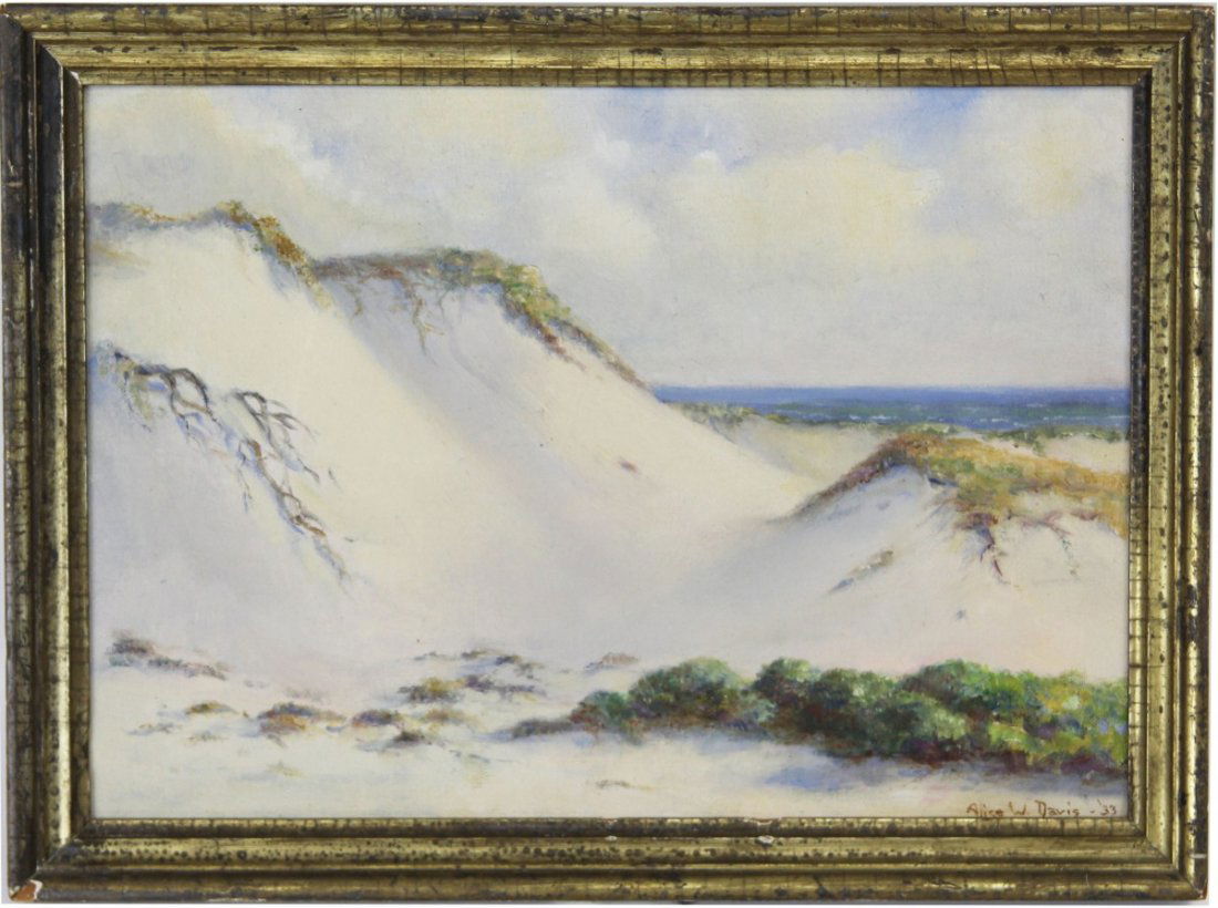 ALICE DAVIS CAPE COD BEACH SCENE OIL ON BOARD: ALICE DAVIS CAPE COD BEACH SCENE OIL ON BOARD Alice Davis (American, 20th C), oil on board depicting Cape Cod beach scene, 1933; Signed and dated by artist in lower right corner. Set in gilt wood fram
