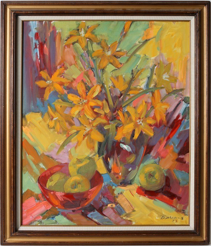 GEORGE BURROWS STILL LIFE OIL ON CANVAS: GEORGE BURROWS STILL LIFE OIL ON CANVAS Painter George Burrows (American, d.1994) and husband of well listed artist Marilyn Bendell (American, 1912-2003), Still life with flowers and apples, circa 20t
