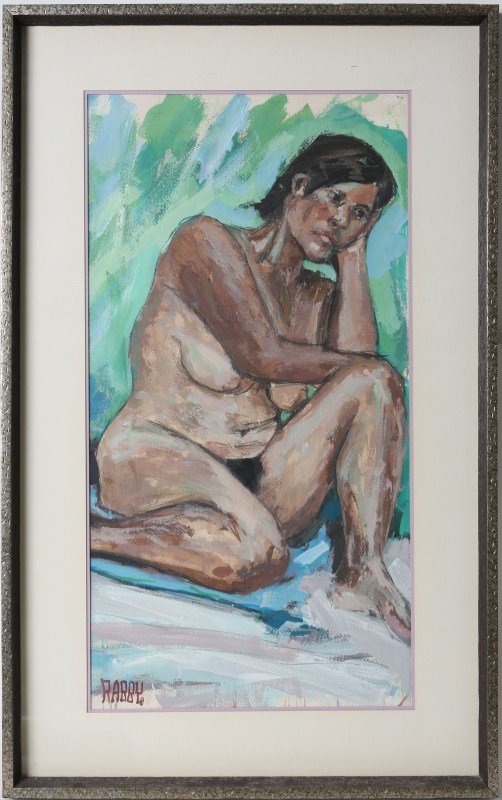 JIM RABBY "LUCE" NUDE OIL ON CANVAS 1980: JIM RABBY "LUCE" NUDE OIL ON CANVAS 1980 Jim Rabby (American, b.1947), "Luce" nude,1977, mixed media on paper, signed lower left, #993618 on verso. Set in deep silver frame with two tone white and lav