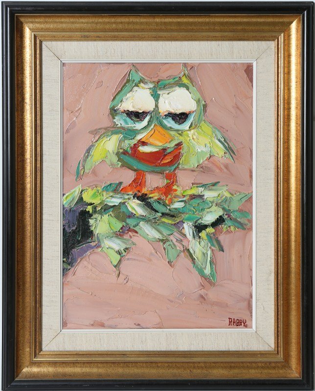 JIM RABBY HOOTER OIL ON CANVAS 1980: JIM RABBY HOOTER OIL ON CANVAS 1980 Jim Rabby (American, b.1947), 'Hooter with a Reclining Disposition', 1980, palette knife oil on canvas, signed lower right; Signed and #993616 on verso. Set in blac