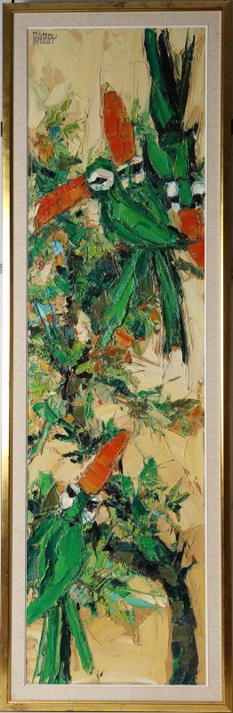 JIM RABBY PARROTS OIL ON CANVAS 1977: JIM RABBY PARROTS OIL ON CANVAS 1977 Jim Rabby (American, b.1947), Parrots,1977, palette knife oil on canvas, signed upper left. Set in gilt frame with two tone white and canvas matting. Size: 77 x 25