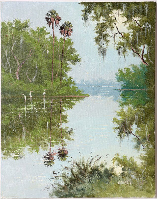 WILLIE DANIELS FLORIDA HIGHWAYMEN WETLAND SCENE: WILLIE DANIELS FLORIDA HIGHWAYMEN WETLAND SCENE Willie Daniels (American, b.1953). Florida landscape by Highwaymen artist Willie Daniels. Not framed. Size: 16 x 20