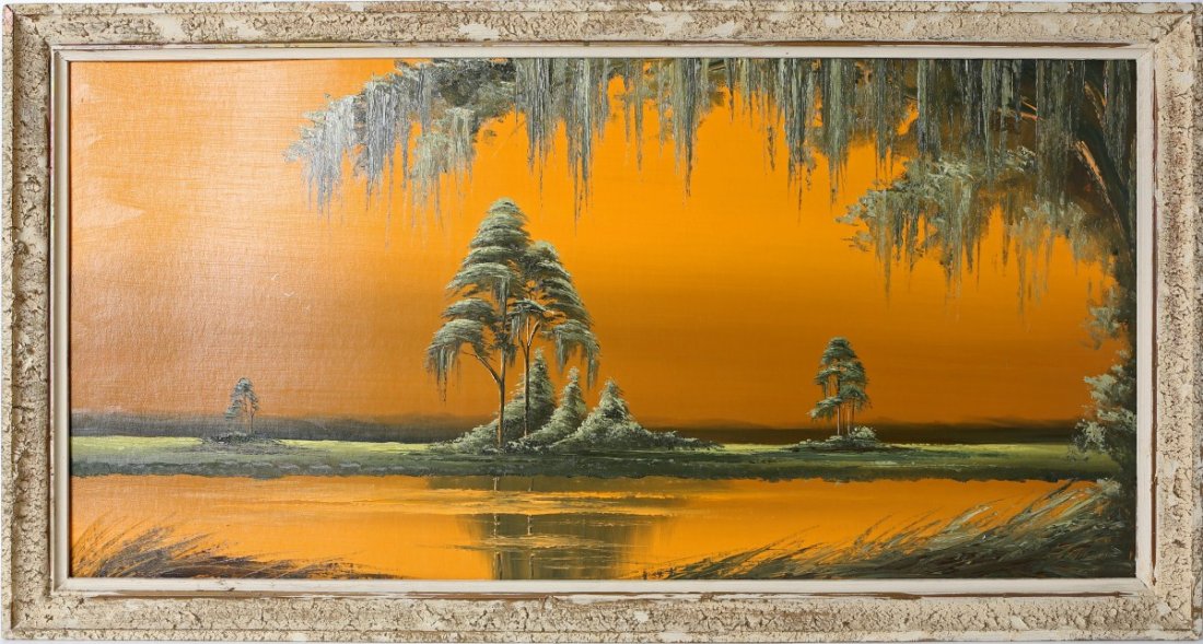 JAMES GIBSON FLORIDA HIGWAYMEN ORANGE WETLAND: JAMES GIBSON FLORIDA HIGWAYMEN ORANGE WETLAND James Gibson (American, b. 1938), original Florida Highwaymen artist, plein air landscape painter. This oil on board captures a Florida wetland scene at s