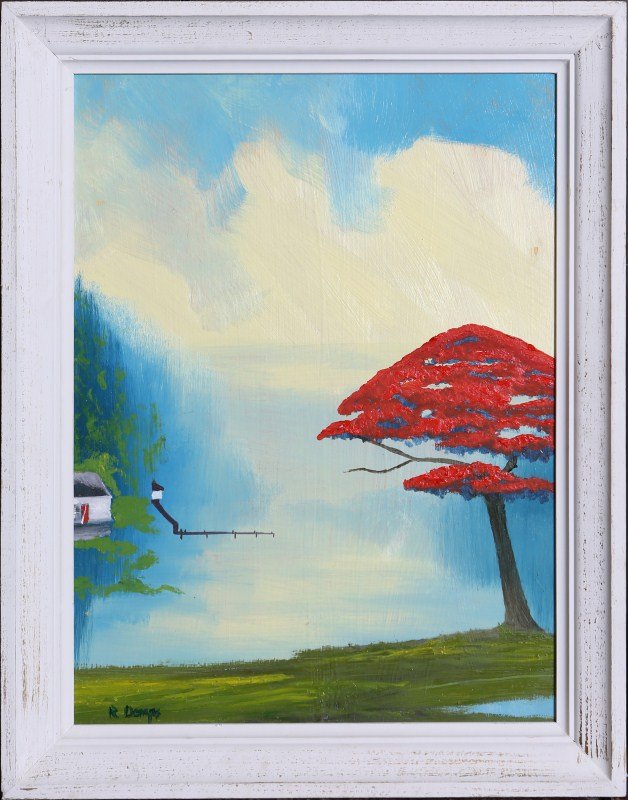 RODNEY DEMPS HIGHWAYMEN SURREALISTIC POINCIANA: RODNEY DEMPS HIGHWAYMEN SURREALISTIC POINCIANA Rodney Demps (b.1953), Florida Highwaymen painter, oil on board, Surrealist Poinciana, framed in white wooden frame. Size: 18 x 24"