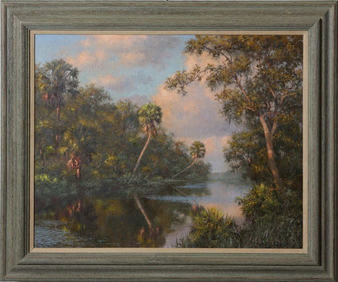 ALBERT BACKUS FLORIDA LANDSCAPE WETLAND SCENE: ALBERT BACKUS FLORIDA LANDSCAPE WETLAND SCENE Albert Ernest "Beanie" Backus (American, 1906-1990.) A member of the Florida Indian River School of Painters, known as the "Dean" of the Florida Highwayme