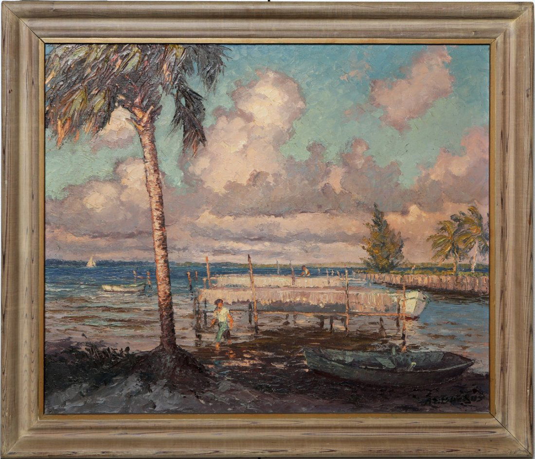 ALBERT BACKUS NET RACKS ON INDIAN RIVER 1951: ALBERT BACKUS NET RACKS ON INDIAN RIVER 1951 Albert Ernest "Beanie" Backus (American, 1906-1990) Florida Indian River Artist. Oil on canvas, dock scene with boats and people, very painterly, bright bl