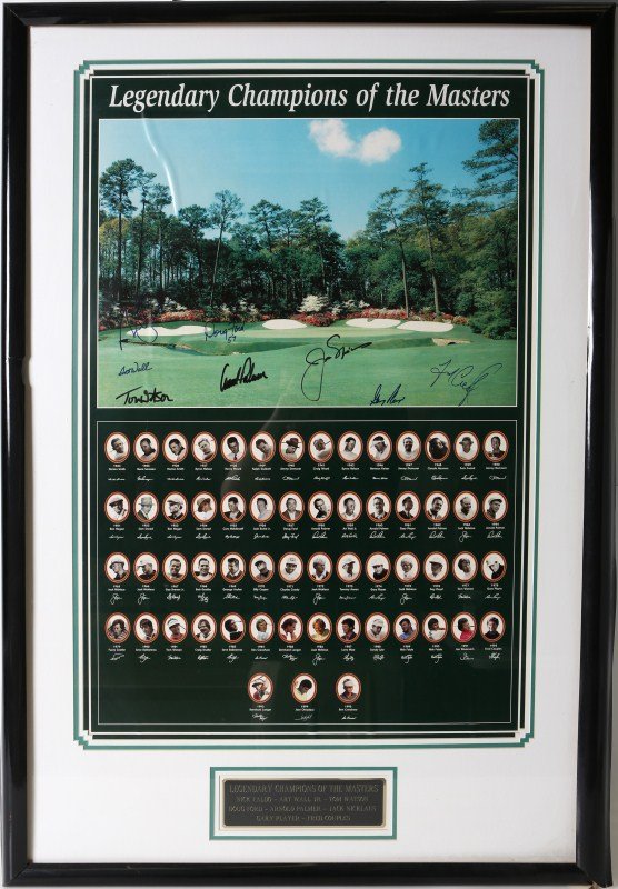 LEGENDARY CHAMPIONS OF THE MASTERS SIGNED POSTER: LEGENDARY CHAMPIONS OF THE MASTERS SIGNED POSTER Framed Legendary Champions of the Masters signed poster, triple matted. Signed by golf masters Nick Faldo, Art Wall Jr., Tom Watson, Doug Ford, Arnold