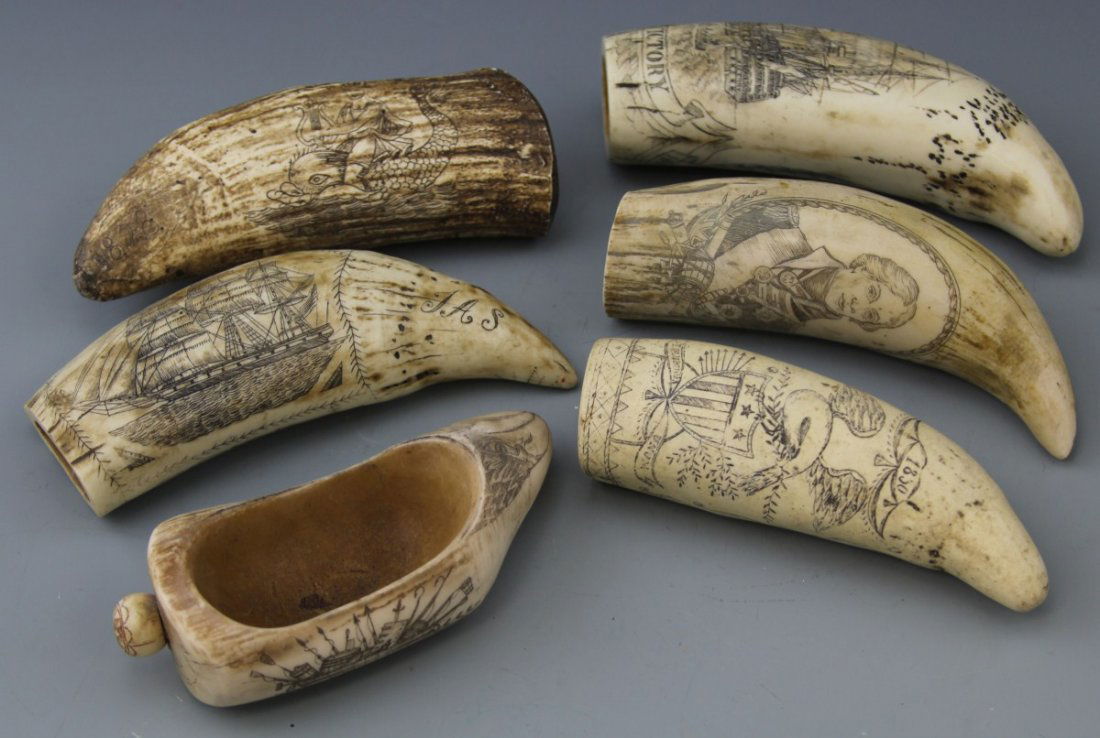 (6) NOVELTY REPRODUCTION SCHRIMSHAW: (6) NOVELTY REPRODUCTION SCHRIMSHAW Six cast resin scrimshaw whales teeth. With sailing vessels and portraits.