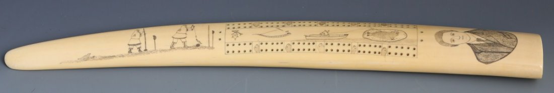 VERY LARGE WALRUS IVORY TUSK SCRIMSHAW CRIBBAGE BOARD: VERY LARGE WALRUS IVORY TUSK SCRIMSHAW CRIBBAGE BOARD Very large full Walrus tusk, great age patina with scrimshaw work. Many great scenes drawn throughout representing; Dog Sled racing, living quarte
