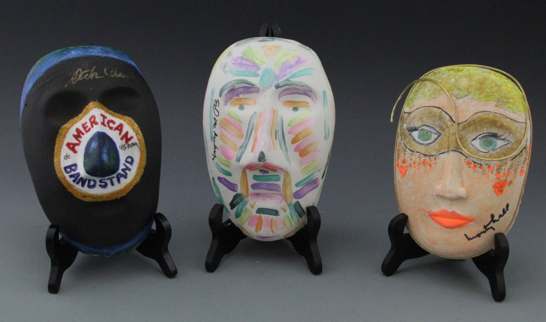 (3) TV CELEBRITY HAND PAINTED & SIGNED MASKS: (3) TV CELEBRITY HAND PAINTED & SIGNED MASKS Lot of three; Hand painted ceramic masks by famous TV personalities including American Bandstand's Dick Clark, Ed McMahon, and Let's Make a Deal, Monty Hal