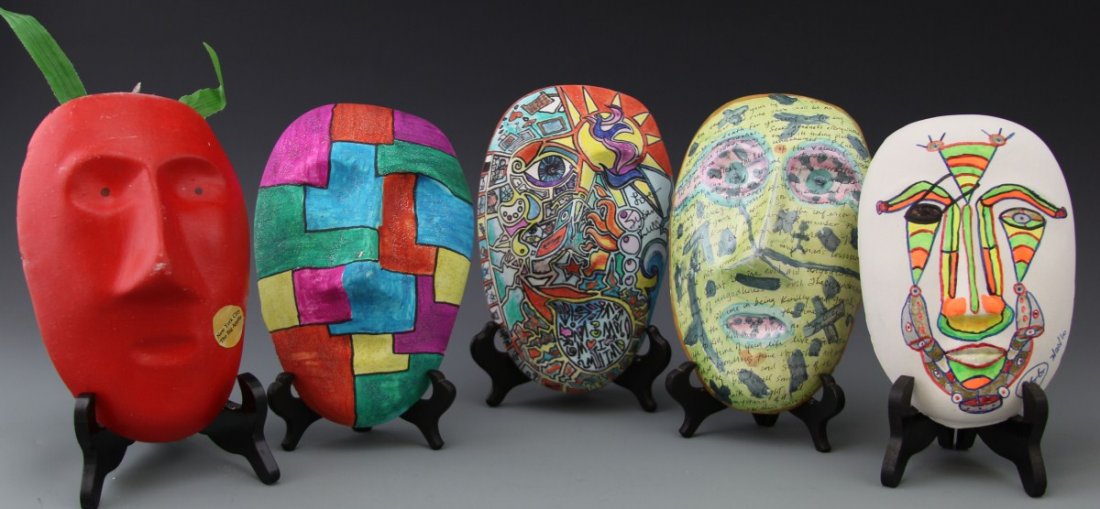 (5) FAMOUS CELEBRITY HAND PAINTED MASKS: (5) FAMOUS CELEBRITY HAND PAINTED MASKS Lot of five; Includes Liza Minnelli, Susan Lucci, Sean Penn, Robert Goulet, and Ed Koch. Provenance; Sotheby's Art & Antiques / Lexus Auction. Size: 7.5 x 5"