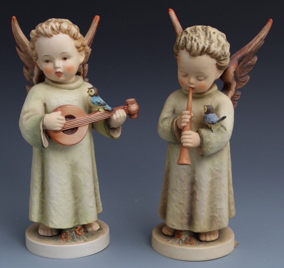 (2) GOEBEL HUMMEL FIGURES "FESTIVAL HARMONY" TMK 3: (2) GOEBEL HUMMEL FIGURES "FESTIVAL HARMONY" TMK 3 Pair of two Goebel Hummel figures, "Festival Harmony" flute (173/II) and banjo (172/II). Banjo figure has minimal crazing on the body and base. Flute