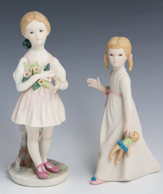CYBIS WENDY AND FLOWER GIRL PORCELAIN FIGURE: CYBIS WENDY AND FLOWER GIRL PORCELAIN FIGURE Porcelain figurine by Cybis. Wendy and Flower Girl, Wendy of Peter Pan fame carrying a small doll and a young girl carrying wild flowers. Signed. Size: 7",
