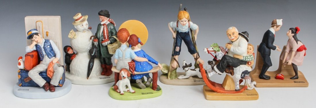 NORMAN ROCKWELL LOT OF SIX PORCELAIN FIGURES: NORMAN ROCKWELL LOT OF SIX PORCELAIN FIGURES Porcelain figures by Norman Rockwell, First Dance, Gramps at the Reins, Young Love, Boy on Stilts, Grandpa Snowman, Asleep on the Job. All figure are made 