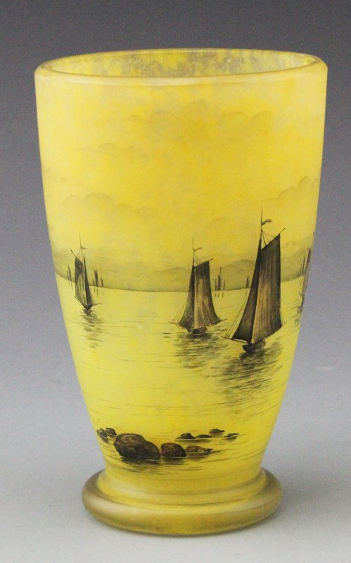 DAUM NANCY CAMEO GLASS VASE NAUTICAL SCENE: DAUM NANCY CAMEO GLASS VASE NAUTICAL SCENE Daum Nancy, Cameo Glass Vase, French, circa 1895 - 1920, signature to bottom. Yellow vase features nautical scene. Size: 5.75"