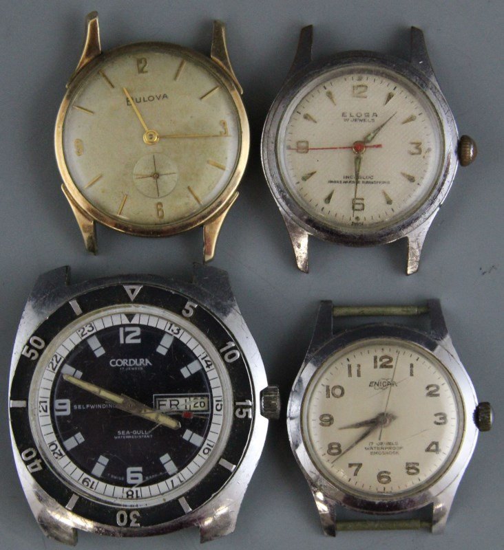 (4) MEN'S WRIST WATCHES: (4) MEN'S WRIST WATCHES Lot of four men's wrist watches; Includes 10K gold filled 1956 Bulova, Case # B660723; Eloga and Enicar 17 jewel with automatic movement; and Swiss made Cordura Sea-Gull self w