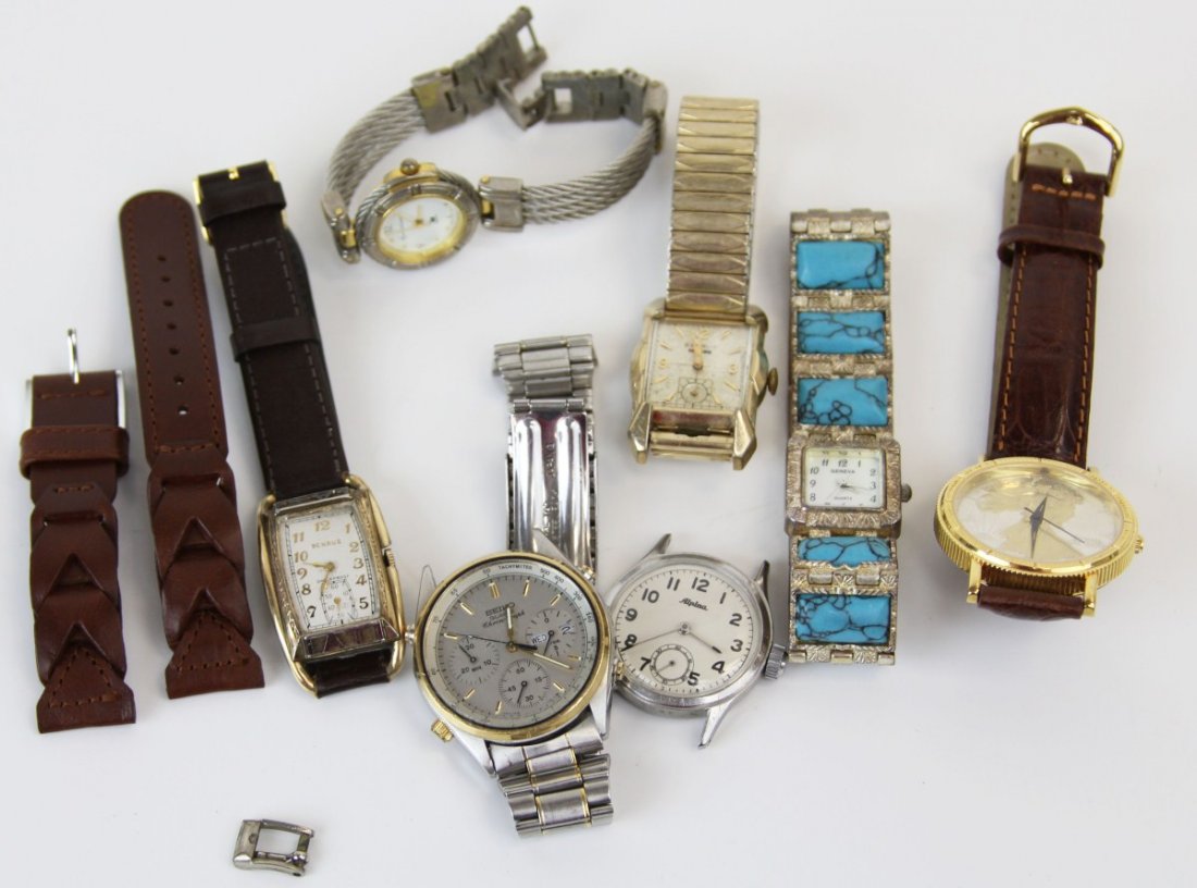 (7) MIXED LOT MANUAL WRIST WATCHES: (7) MIXED LOT MANUAL WRIST WATCHES Mixed lot of seven men's and ladies' wrist watches. Includes Benrus, Alpina, Seiko, and Geneva. One of the Benrus is missing it's crystal and the Alpina does not hav
