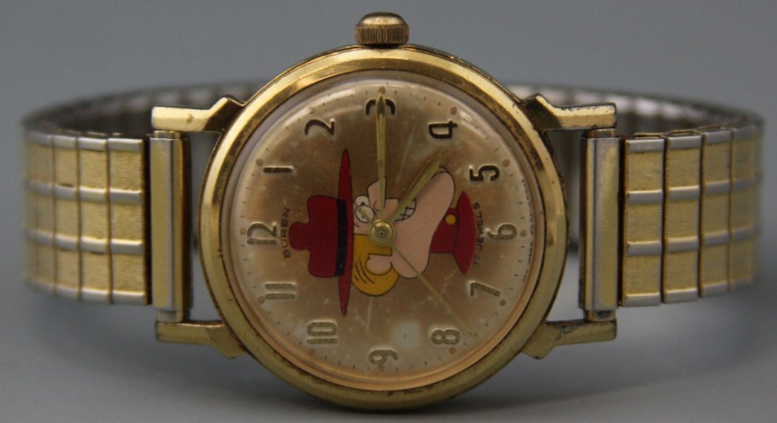 BUREN JAY WARD DUDLEY-DO-RIGHT SELFWINDING WATCH: BUREN JAY WARD DUDLEY-DO-RIGHT SELFWINDING WATCH Buren Jay Ward Dudley-Do-Right men's selfwinding wristwatch, base metal bezel, stainless steel back, 17 jewel movement, gold toned hour, minute hands, 