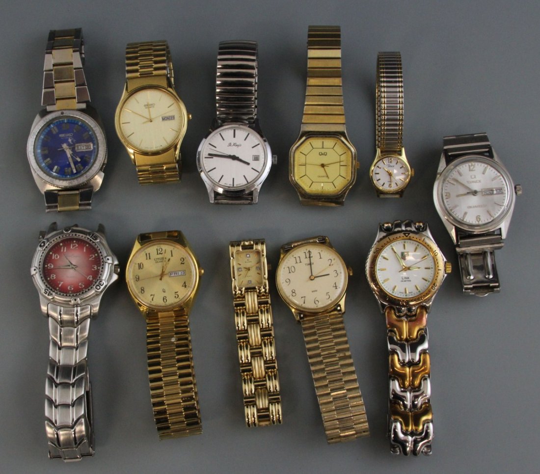 (11) MENS QUARTZ WRISTWATCHES: (11) MENS QUARTZ WRISTWATCHES A lot of eleven men's quartz wristwatches. Seiko, Tag Heuer, Timex, Q & Q, Citizen, St. Regis, Elgin, Bum Equipment.