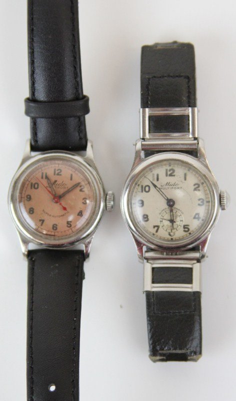 (2) MIDO MULTIFORT AUTOMATIC WRIST WATCHES: (2) MIDO MULTIFORT AUTOMATIC WRIST WATCHES Lot of two men's Mido super-automatic Multifort wrist watches; Anti-magnetic and waterproof, stainless steel bezel, copper tone dial with black hands, red se