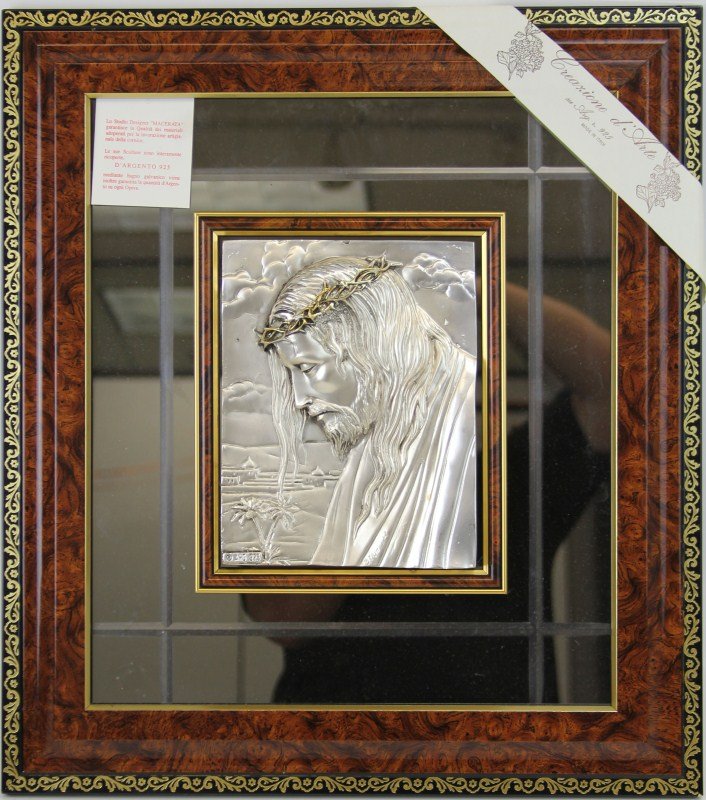 CREAZIO ARTISTICHE CONTEMPORARY ITALIAN MIRROR: CREAZIO ARTISTICHE CONTEMPORARY ITALIAN MIRROR Creazioni Artistiche contemporary Italian 925 silver filled plaque/mirror, embossed silver sheath over composition plaque depicting Christ with a crown o