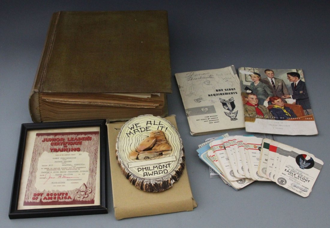 MIXED LOT BOY SCOUTS OF AMERICA EPHEMERA: MIXED LOT BOY SCOUTS OF AMERICA EPHEMERA Assorted lot of miscellaneous Boy Scouts of America ephemera, awards, and cards. Provenance of Eagle Scout and Scout Leader Thomas Throckmorton. Many items hav