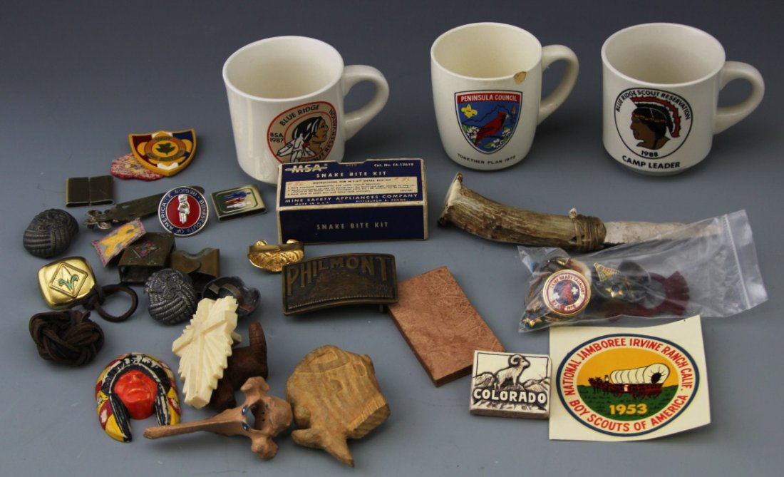 LOT OF VINTAGE BSA SLIDES PINS AND ACCESORIES: LOT OF VINTAGE BSA SLIDES PINS AND ACCESORIES Lot of vintage Boy Scouts of America pins, neckerchief slides and accessories, from the collection of Eagle Scout and scout leader Thomas Throckmorton. In