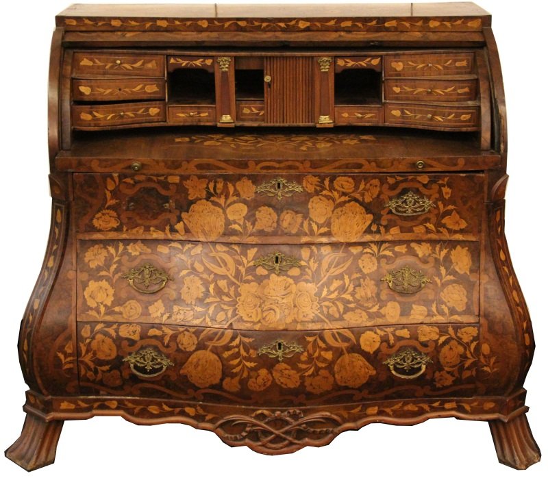 EARLY 20TH C DUTCH MARQUETRY DESK: EARLY 20TH C DUTCH MARQUETRY DESK Large Dutch marquetry desk, circa early 20th C.; Bombay style with roll top and heavy floral motif decoration, includes key. Size: 44 x 44.5 x 22"
