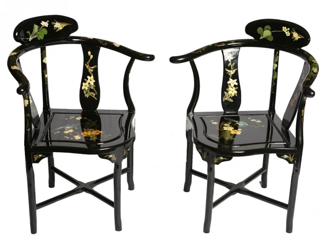 TWO MODERN JAPANESE FLORAL MOTIF CHAIRS: TWO MODERN JAPANESE FLORAL MOTIF CHAIRS Two Modern Japanese Chairs with hand painted cherry blossom, grape scrolling,birds and geisha inlays. Overall good condition with age apparent wear and a small