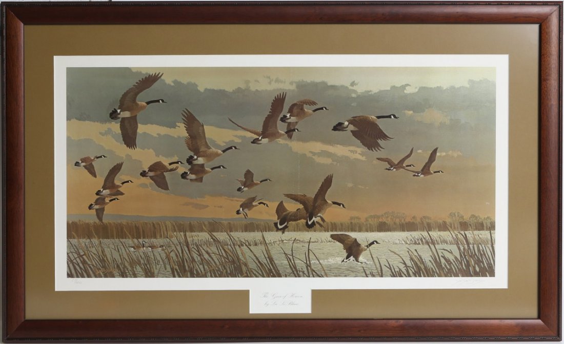 DUCKS UNLIMITED L. LEBLANC "THE GEESE OF HORICON": DUCKS UNLIMITED L. LEBLANC "THE GEESE OF HORICON" #57/1200 signed Ducks Unlimited "The Geese of Horicon" print by artist Lee LeBlanc (American, 1913-1988). Set in simple wood frame with gold/brown mat