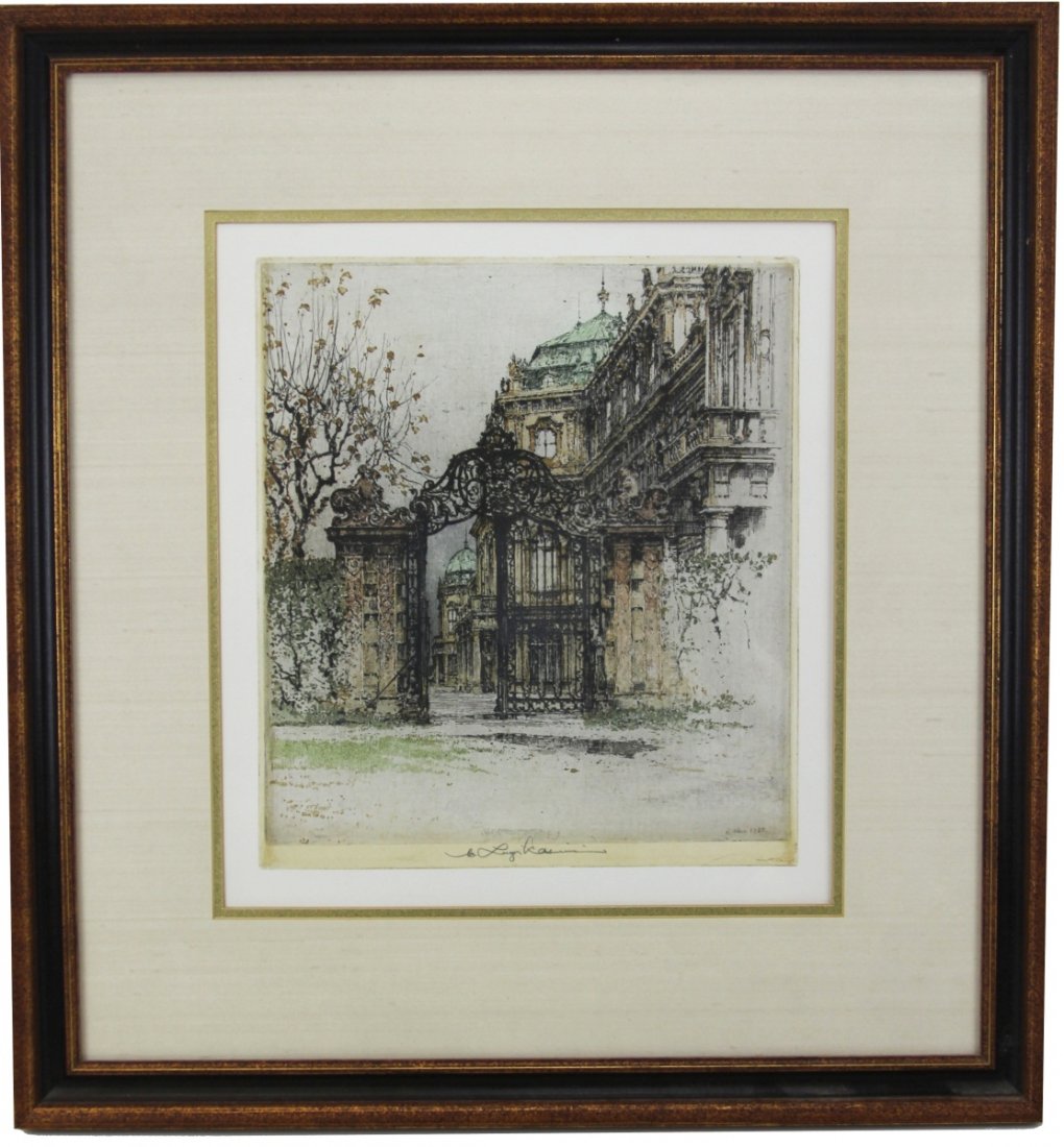 LUIGI KASIMIR ETCHING BELVEDERE PALACE GATE VIENNA: LUIGI KASIMIR ETCHING BELVEDERE PALACE GATE VIENNA Original etching and aquatint by Luigi Kasimir (Austrian, 1881-1962), image size 11.5 x 13", the gate at the Belvedere Palace in Vienna, Austria, sig